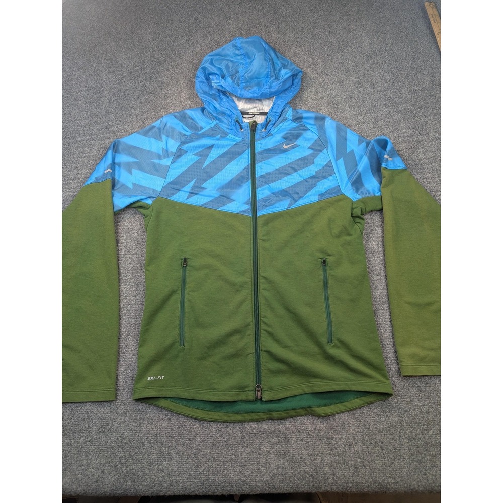 Nike Jacket Mens Medium Blue Green Dri-FIT Running Hooded Two-Way Zip Reflective